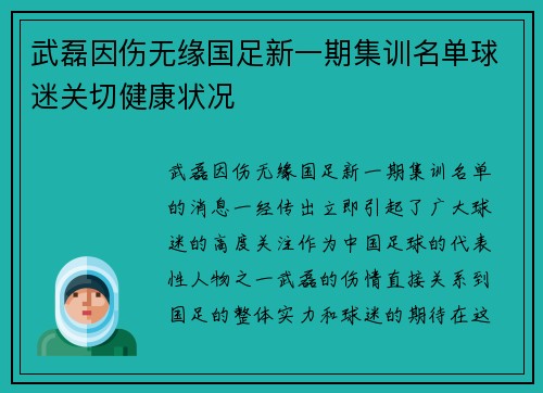 武磊因伤无缘国足新一期集训名单球迷关切健康状况
